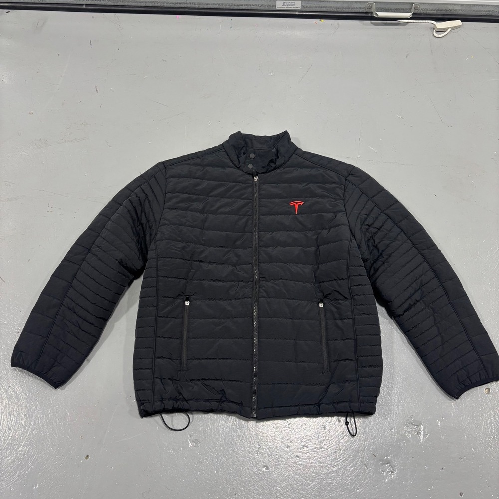 Tesla Motors Corp Mens Black Quilted Puffer Jacket Red Logo Full Zip Large